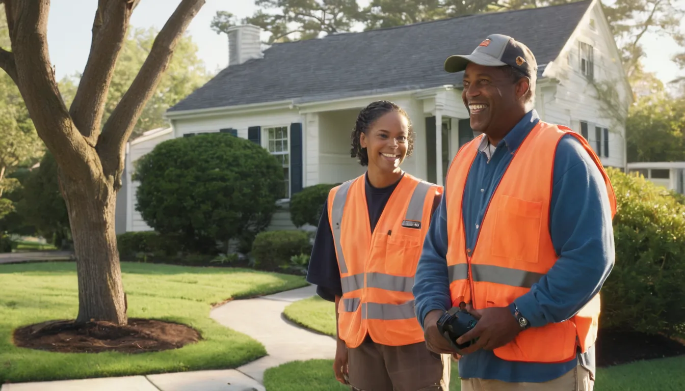 A local provider and a homeowner talking beside a large tree in a yard near Annapolis